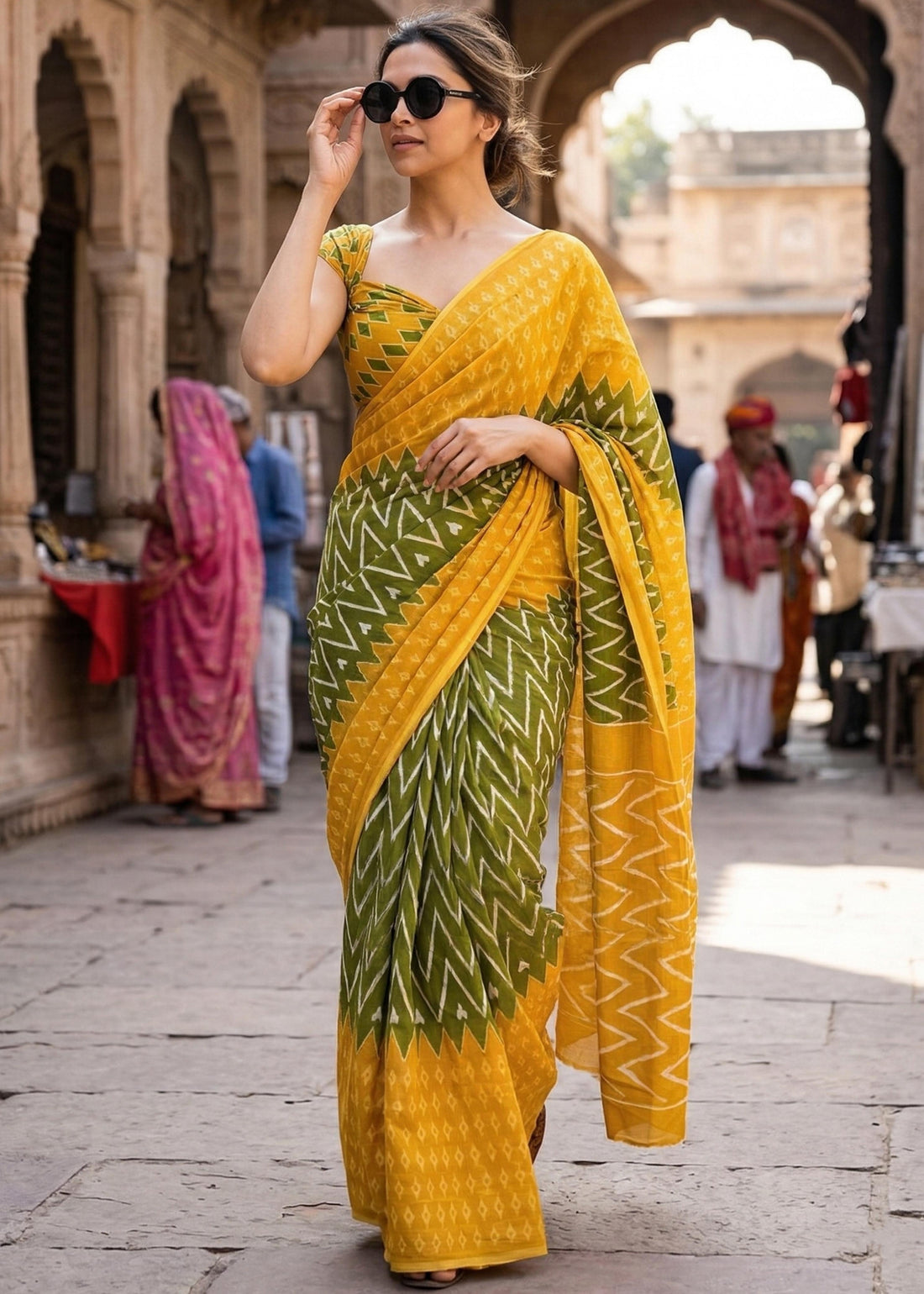 Green Pure Soft MalMal Cotton Ikkat Printed Cotton Saree 