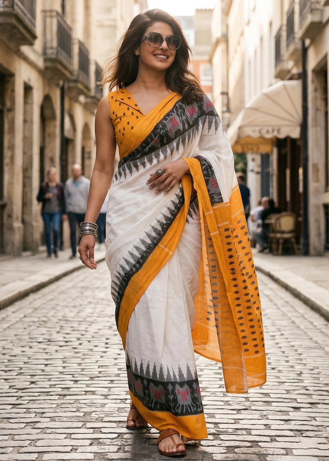 White Pure Soft MalMal Cotton Ikkat Printed Cotton Saree 