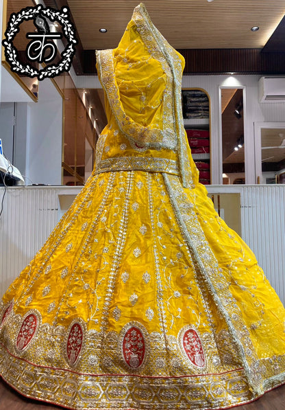 Yellow Pure Soft Silk Rajsthani Rajwadi Rajputi Poshak Lehenga Choli 