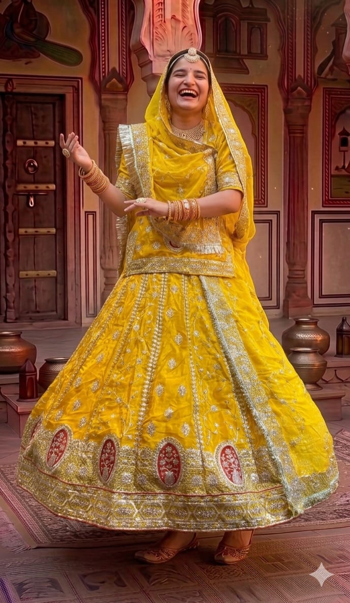 Yellow Pure Soft Silk Rajsthani Rajwadi Rajputi Poshak Lehenga Choli 
