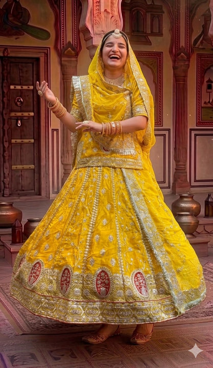 Yellow Pure Soft Silk Rajsthani Rajwadi Rajputi Poshak Lehenga Choli 