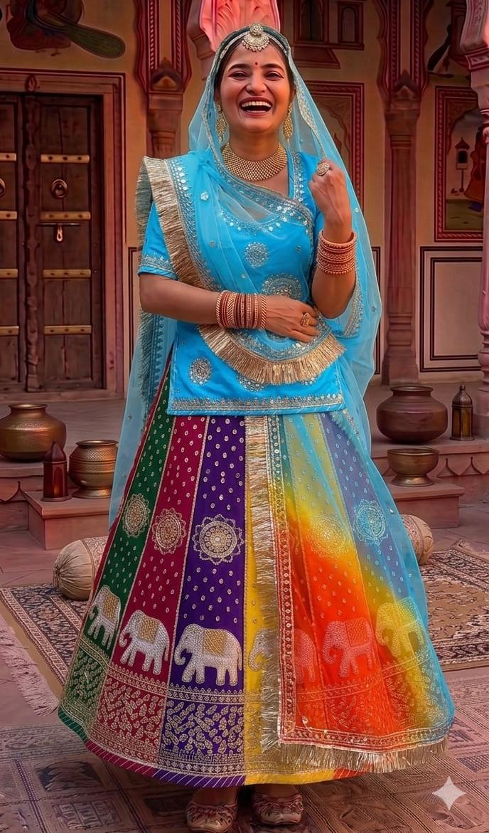 Sky Pure Soft Silk Rajsthani Rajputi Poshak Lehenga Choli