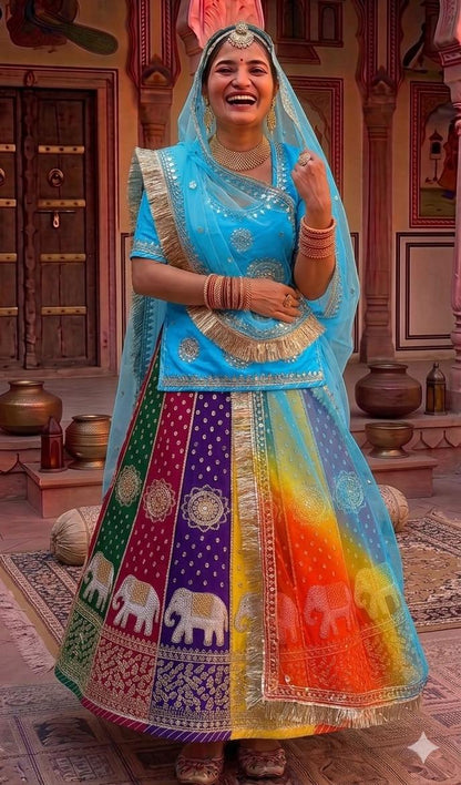 Sky Pure Soft Silk Rajsthani Rajputi Poshak Lehenga Choli