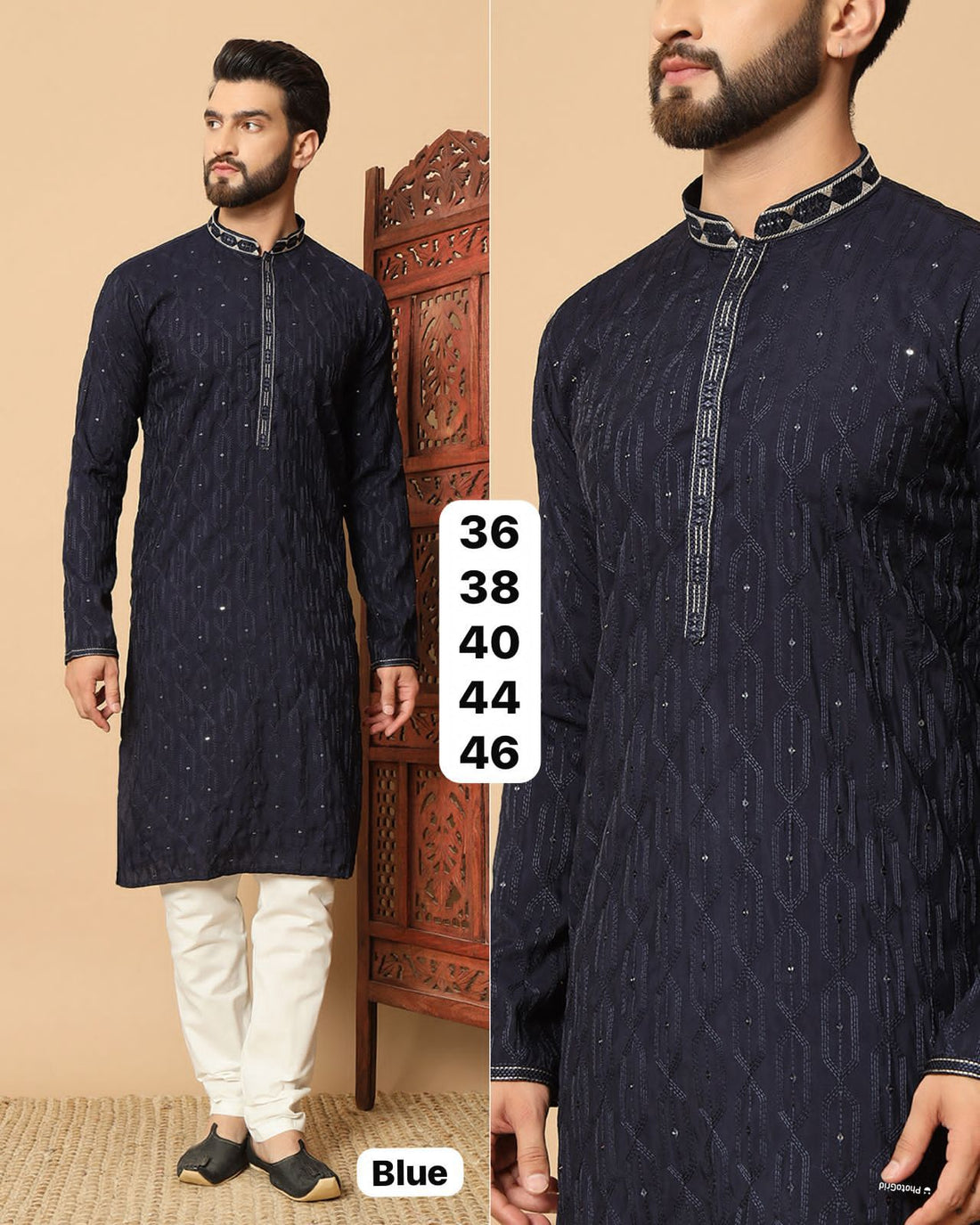 Navy Blue Soft Premium Silk Sequins Work Kurta Pajama