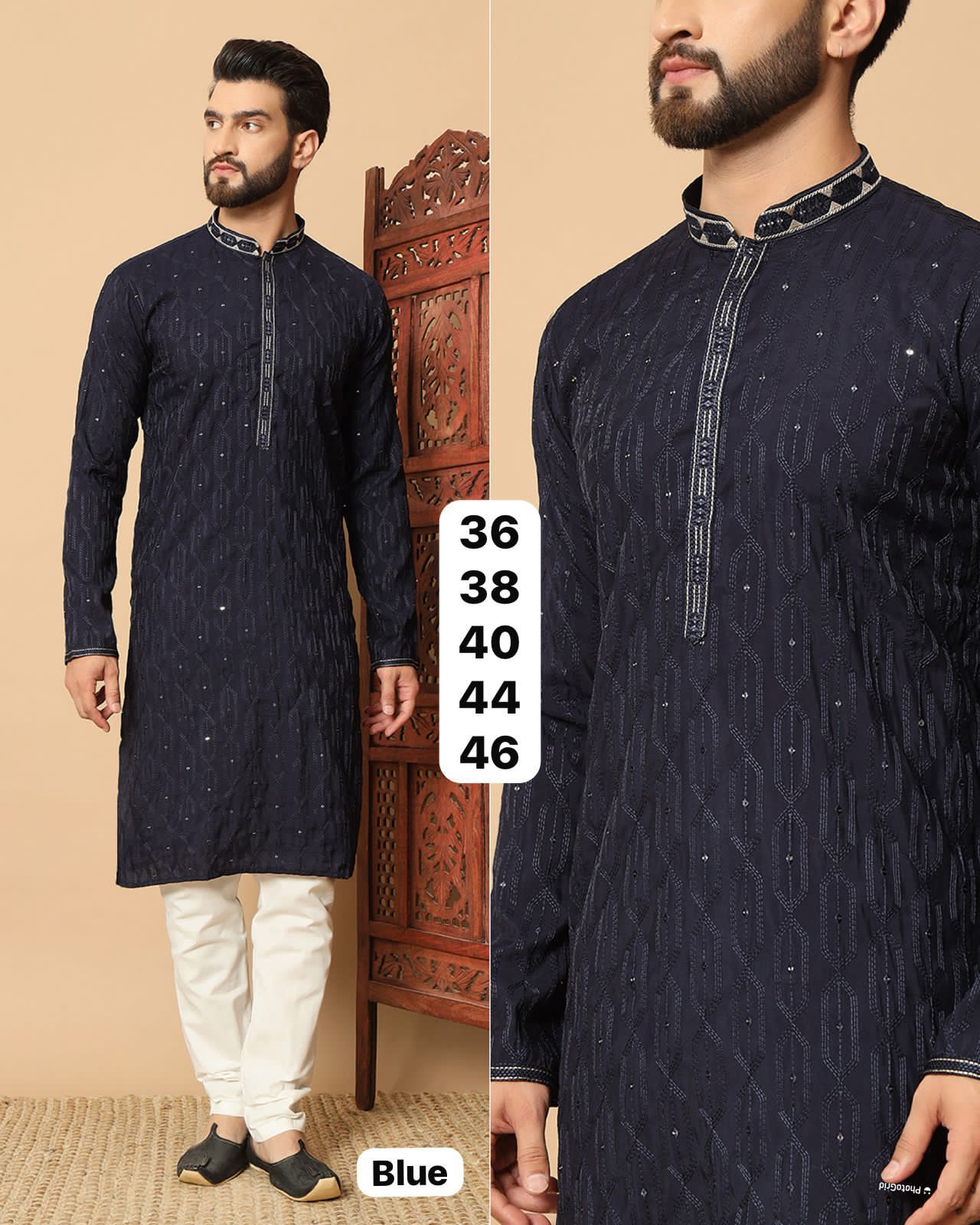 Navy Blue Soft Premium Silk Sequins Work Kurta Pajama