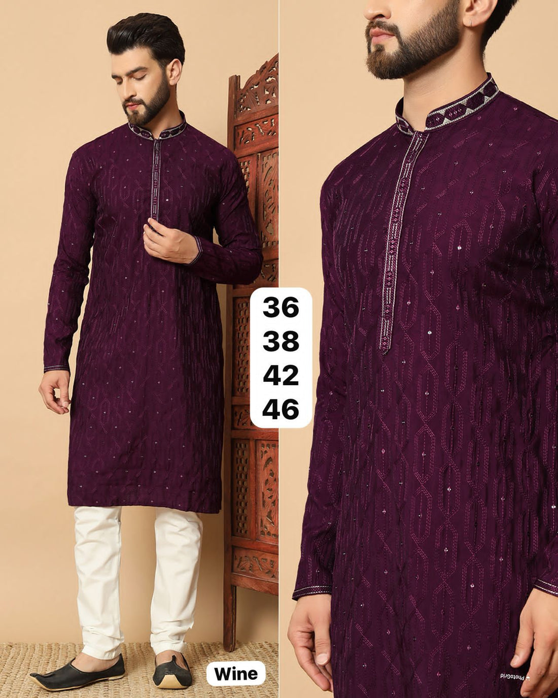 Wine Soft Premium Silk Sequins Work Kurta Pajama 