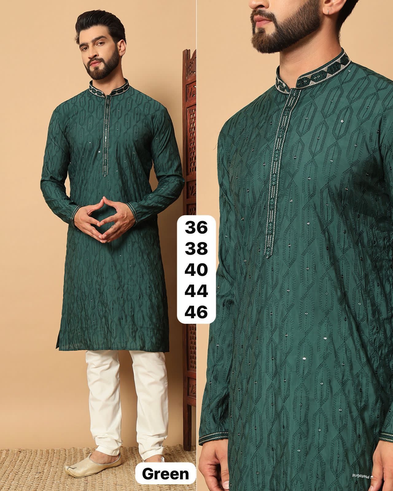 Green Soft Premium Silk Sequins Work Kurta Pajama 