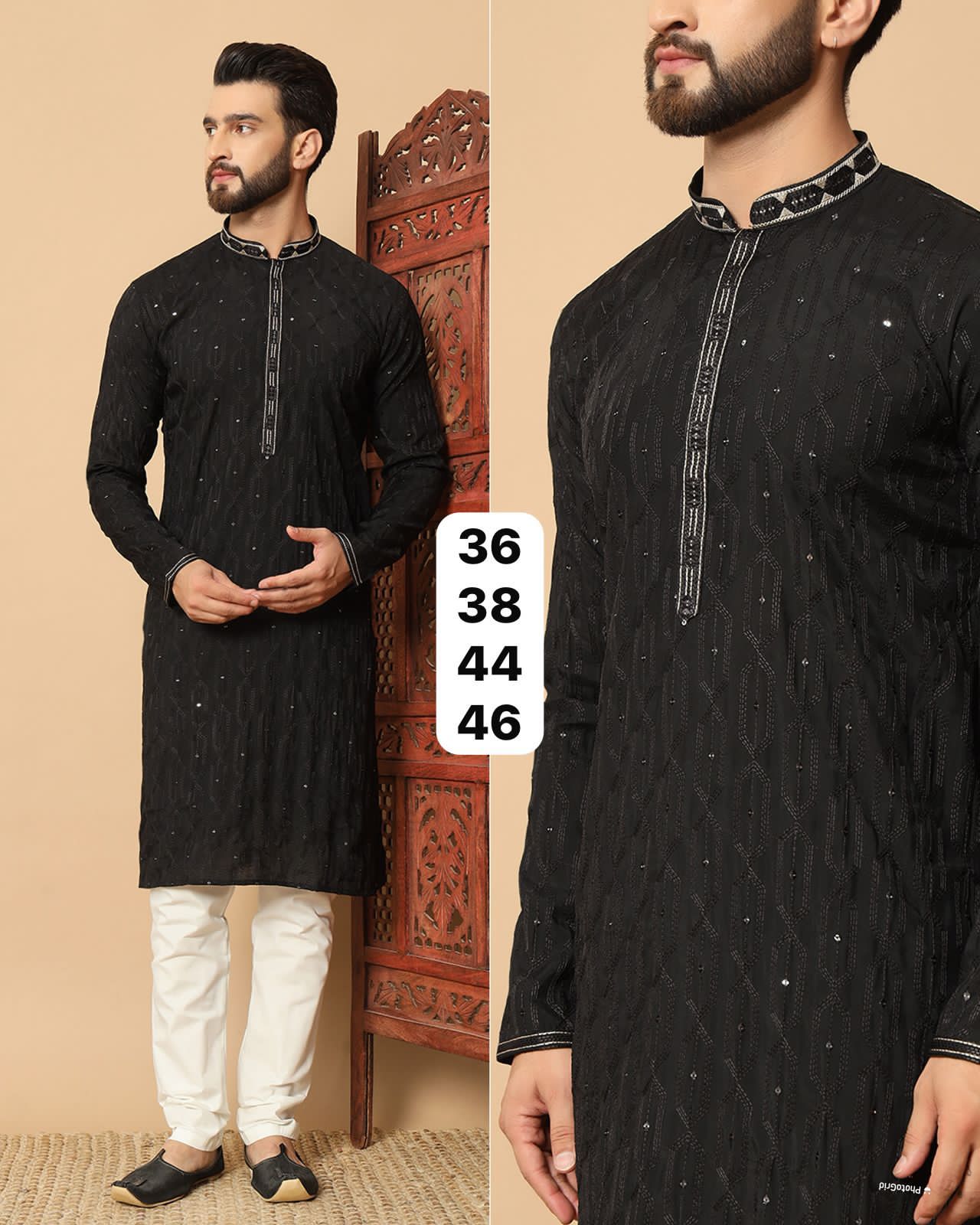 Black Soft Premium Silk Sequins Work Kurta Pajama 