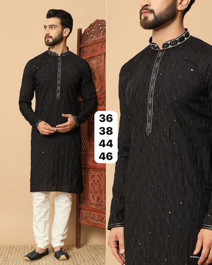 Black Soft Premium Silk Sequins Work Kurta Pajama 