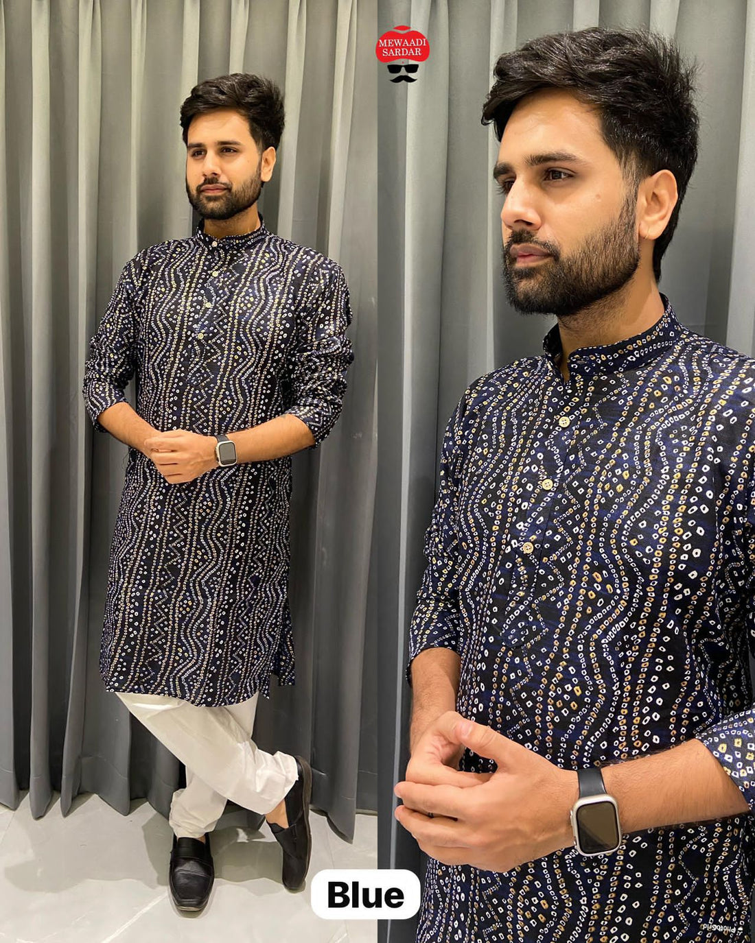 Blue Soft Cotton Bandhani Print Kurta Pajama 