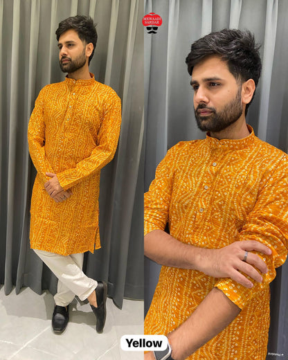 Yellow Soft Cotton Bandhani Print Kurta Pajama 