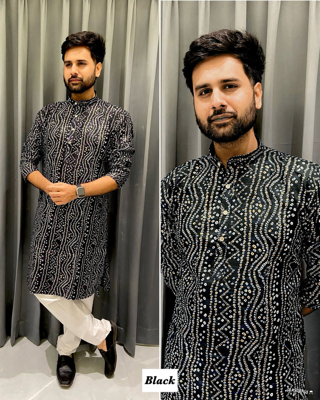 Black Soft Cotton Bandhani Print Kurta Pajama 