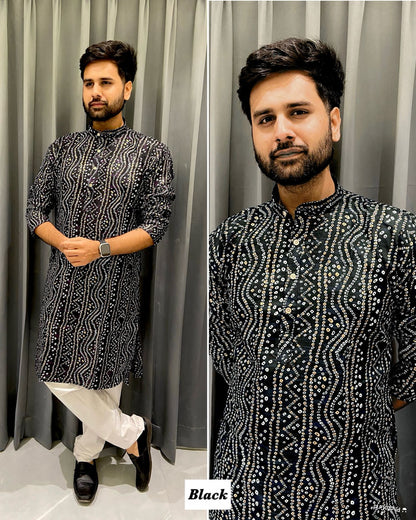 Black Soft Cotton Bandhani Print Kurta Pajama 