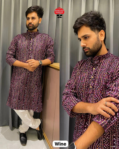 Wine Soft Cotton Bandhani Print Kurta Pajama 
