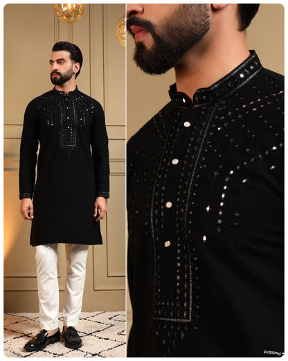 Black Armaani Lachko Heavy Embroidery Sequins Work Kurta Pajama 