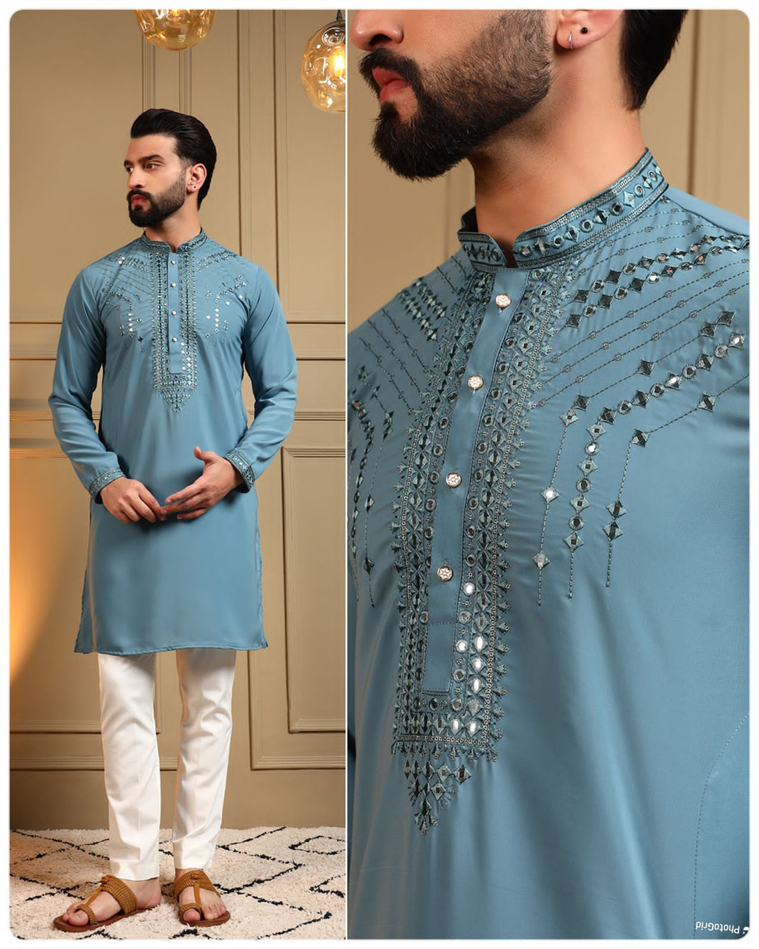Luxe Blue Armaani Lachko Heavy Embroidery Sequins Work Kurta Pajama 