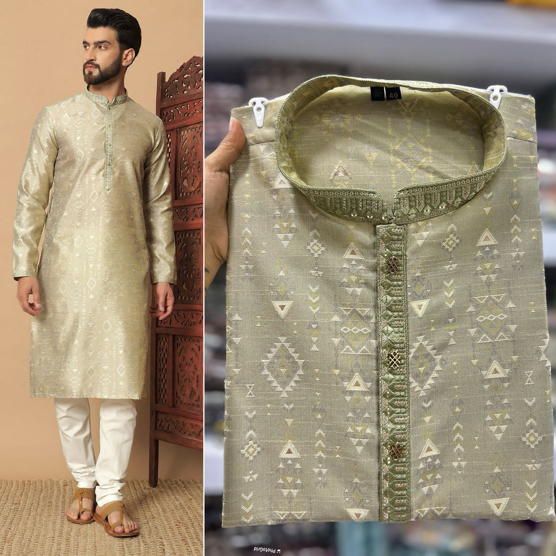 Gold Tone Heavy Silk Jequard
With Embroidery Pattis Kurta Pajama 