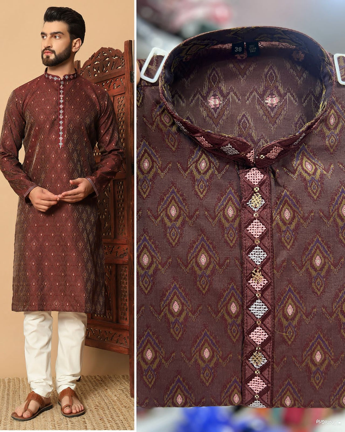 Maroon Heavy Silk Jequard
With Embroidery Pattis Kurta Pajama 