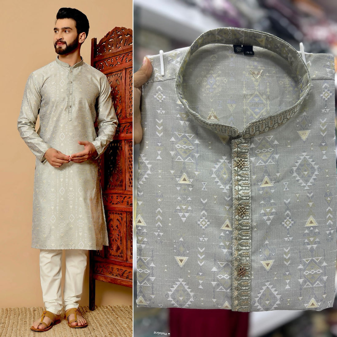 Grey Heavy Silk Jequard
With Embroidery Pattis Kurta Pajama 