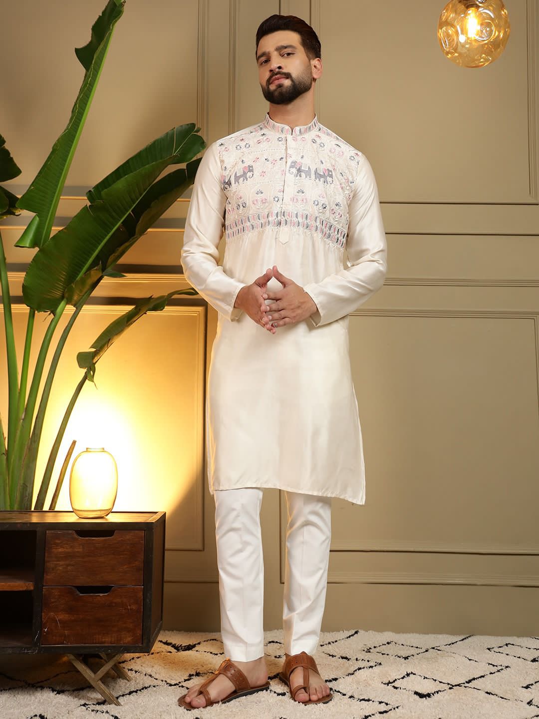 Cream Premium Silk With Embroidery sequins work Kurta Pajama 