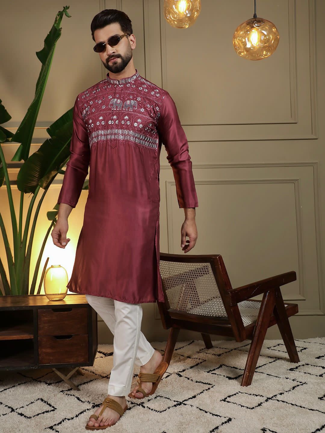 Maroon Premium Silk With Embroidery sequins work Kurta Pajama 