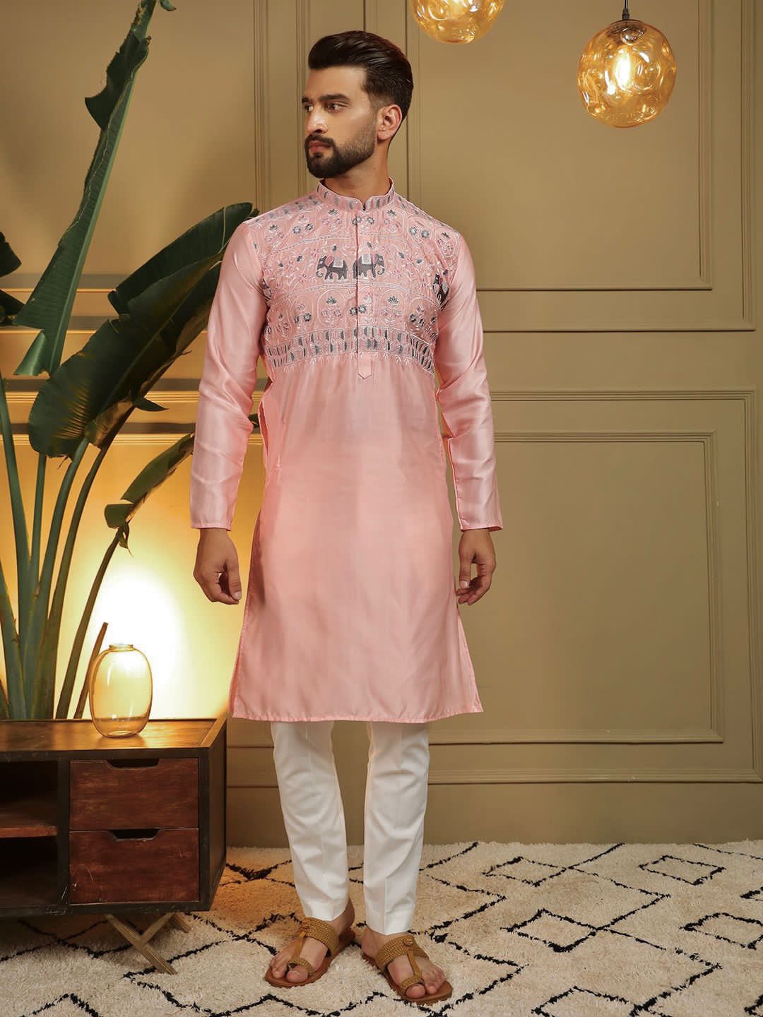 Pink Premium Silk With Embroidery sequins work Kurta Pajama 