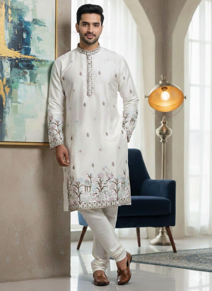 White Premium Silk With Embroidery sequins work Kurta Pajama 