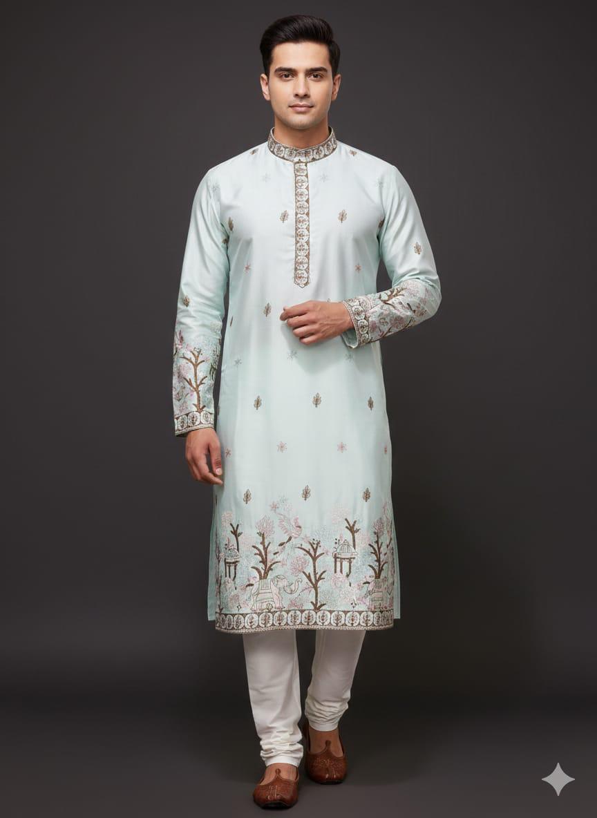 Sky Premium Silk With Embroidery sequins work Kurta Pajama 
