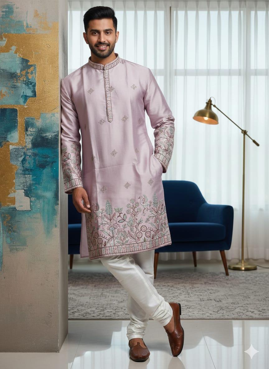 Peach Premium Silk With Embroidery sequins work Kurta Pajama 