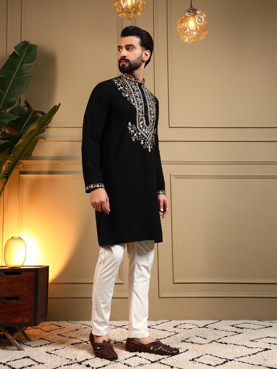 Black Armani Lachko Embroidery Sequence Work Kurta Pajama 