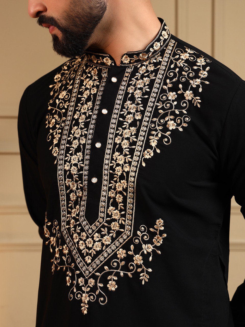 Black Armani Lachko Embroidery Sequence Work Kurta Pajama 