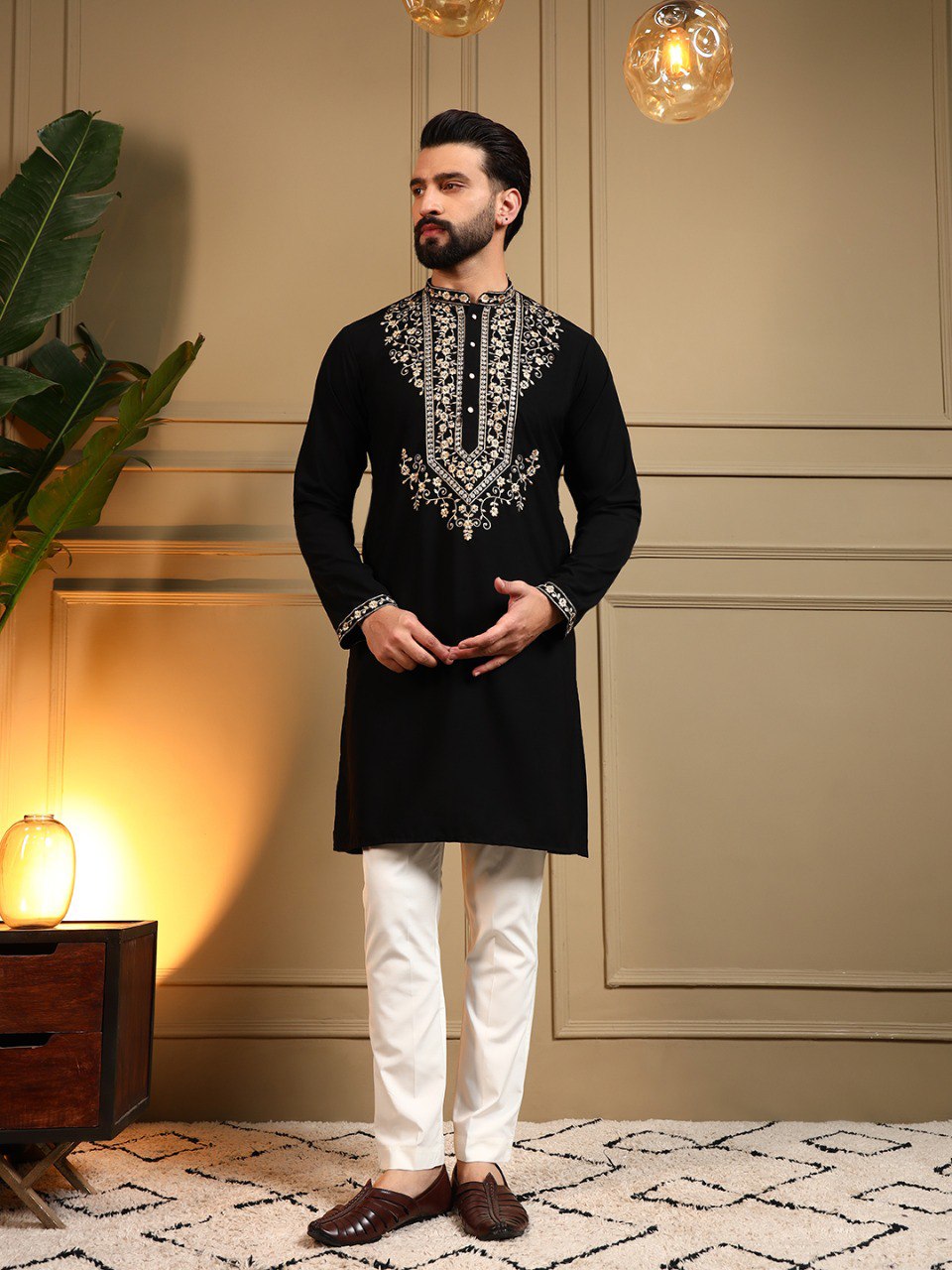 Black Armani Lachko Embroidery Sequence Work Kurta Pajama 