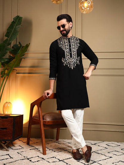 Black Armani Lachko Embroidery Sequence Work Kurta Pajama 