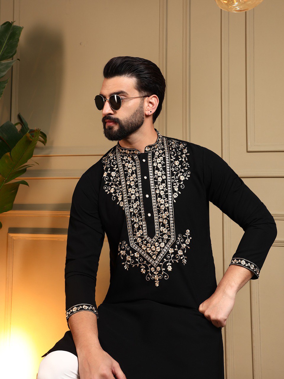 Black Armani Lachko Embroidery Sequence Work Kurta Pajama 