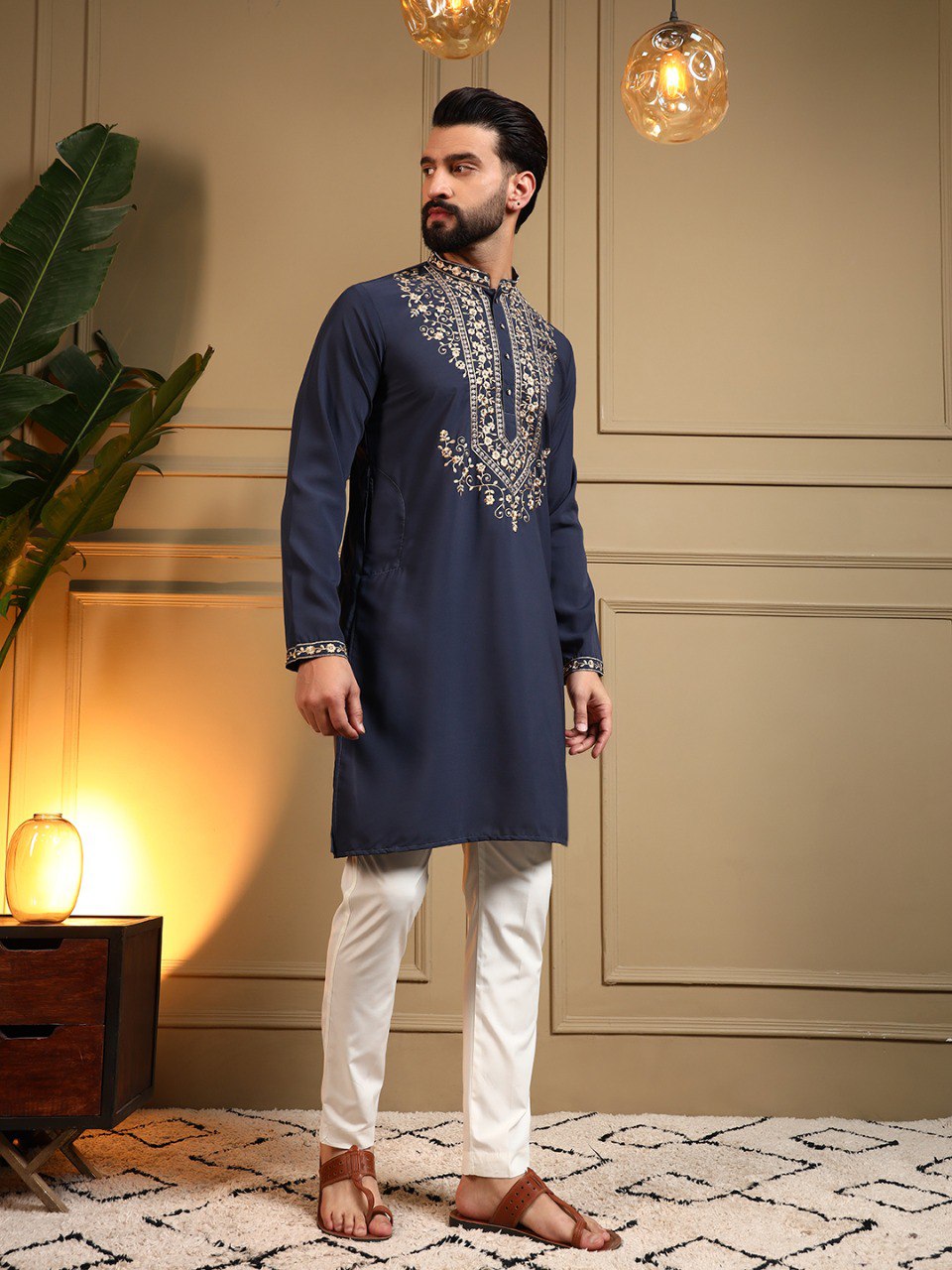 Navy Blue Armani Lachko Embroidery Sequence Work Kurta Pajama 