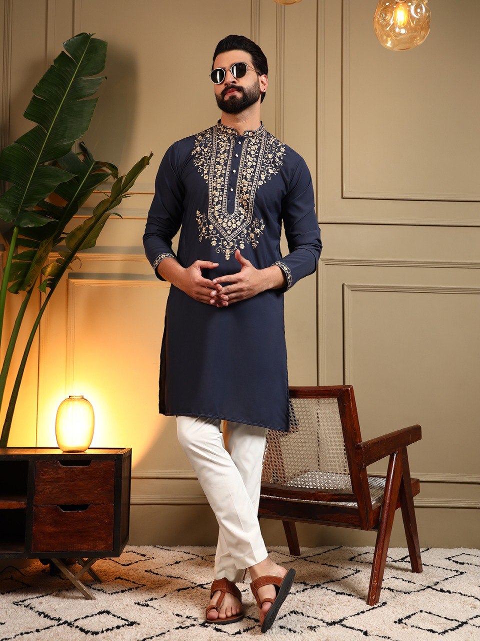 Navy Blue Armani Lachko Embroidery Sequence Work Kurta Pajama 