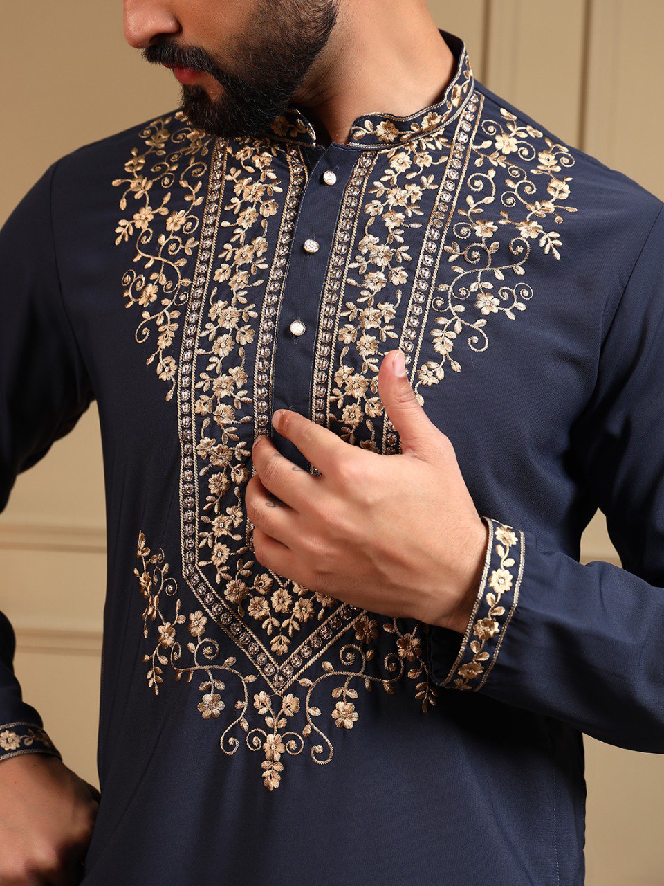 Navy Blue Armani Lachko Embroidery Sequence Work Kurta Pajama 
