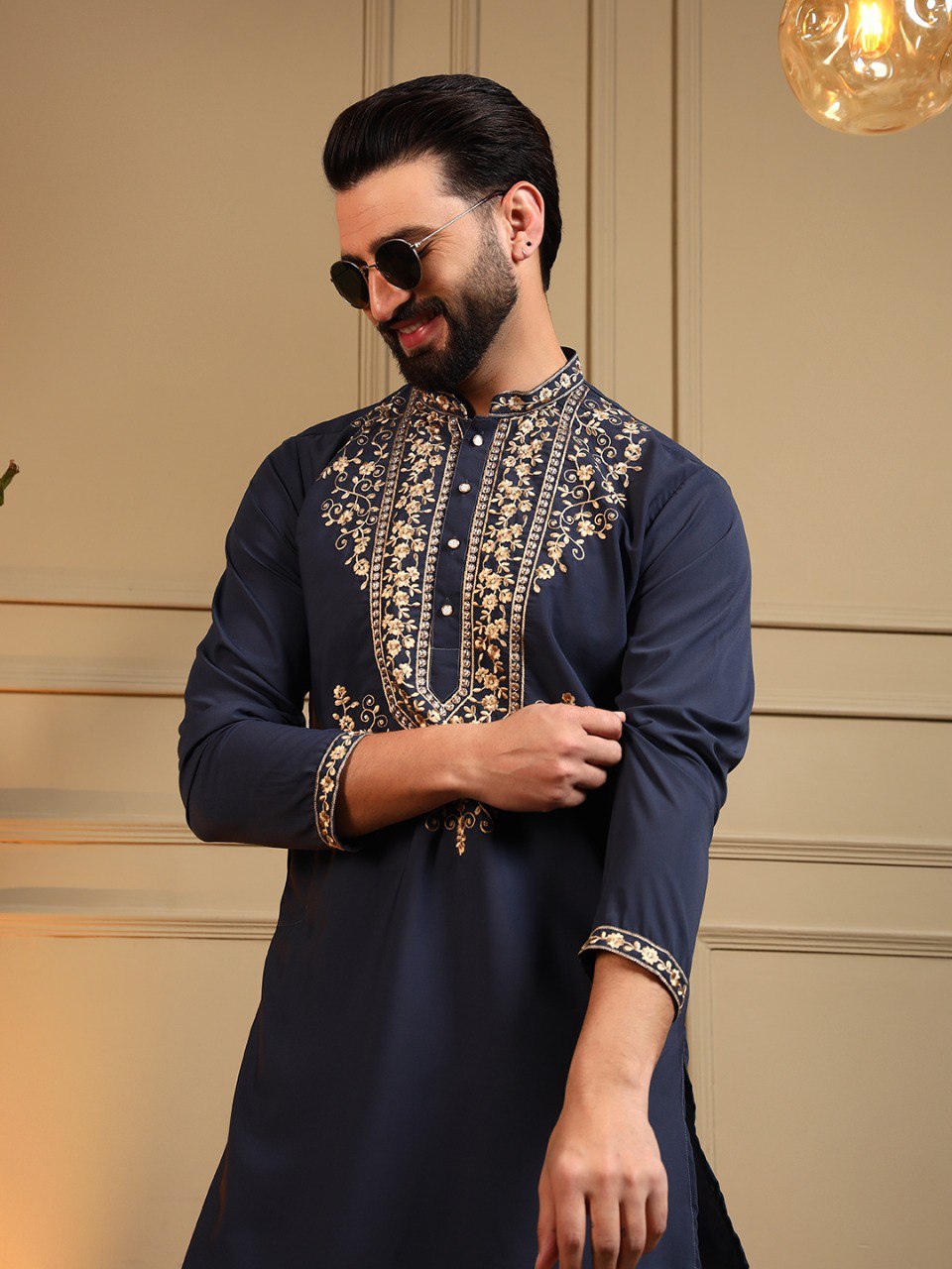 Navy Blue Armani Lachko Embroidery Sequence Work Kurta Pajama 