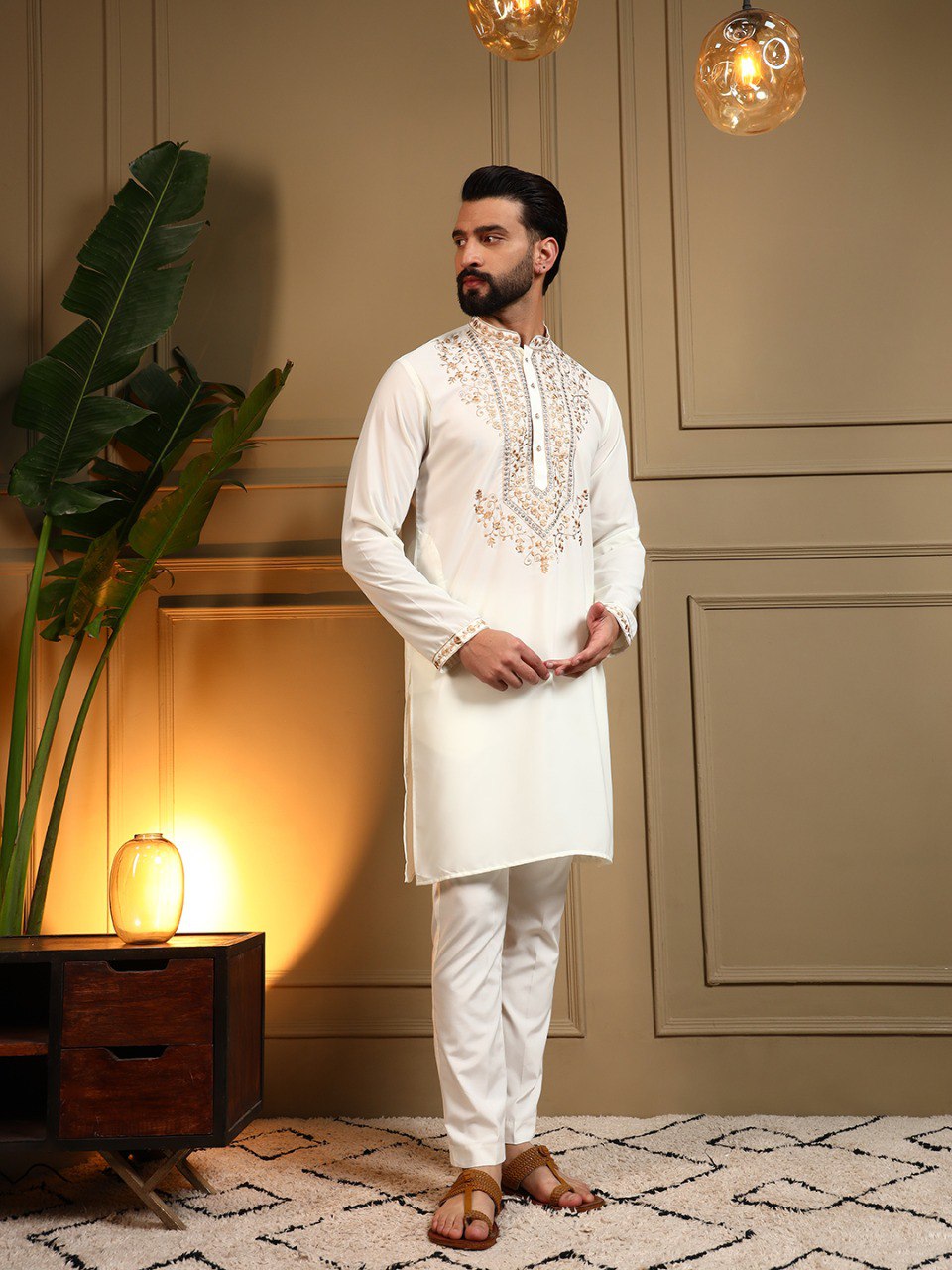 White Armani Lachko Embroidery Sequence Work Kurta Pajama 