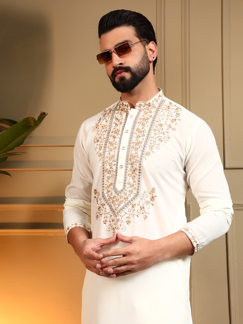 White Armani Lachko Embroidery Sequence Work Kurta Pajama 
