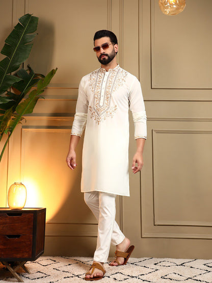 White Armani Lachko Embroidery Sequence Work Kurta Pajama 