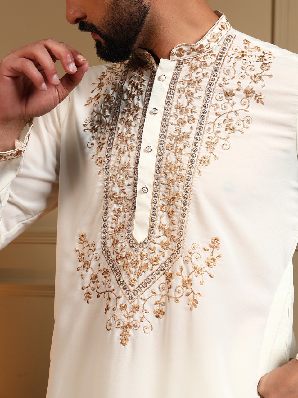 White Armani Lachko Embroidery Sequence Work Kurta Pajama 