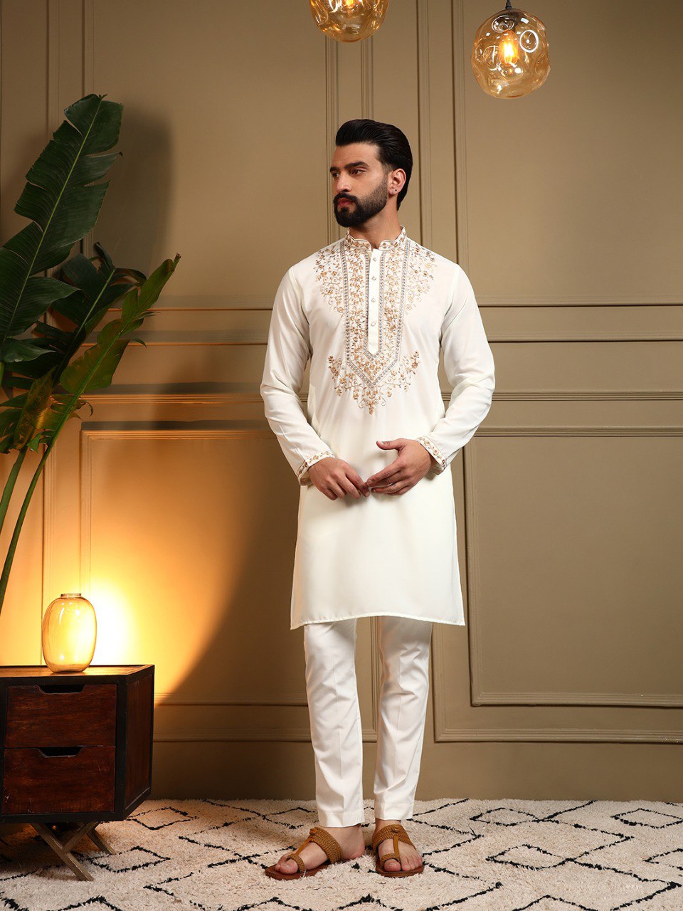 White Armani Lachko Embroidery Sequence Work Kurta Pajama 