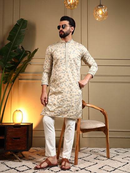 Cream Royal Silk Embroidery Sequence Work Kurta Pajama 