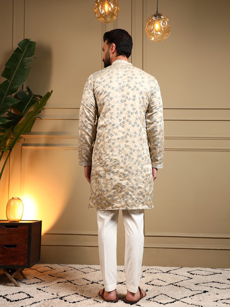 Cream Royal Silk Embroidery Sequence Work Kurta Pajama 