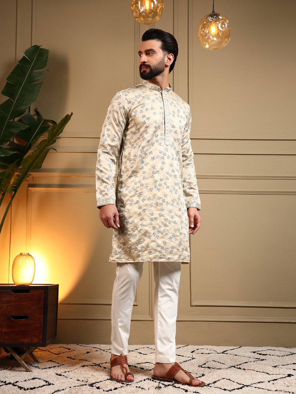Cream Royal Silk Embroidery Sequence Work Kurta Pajama 
