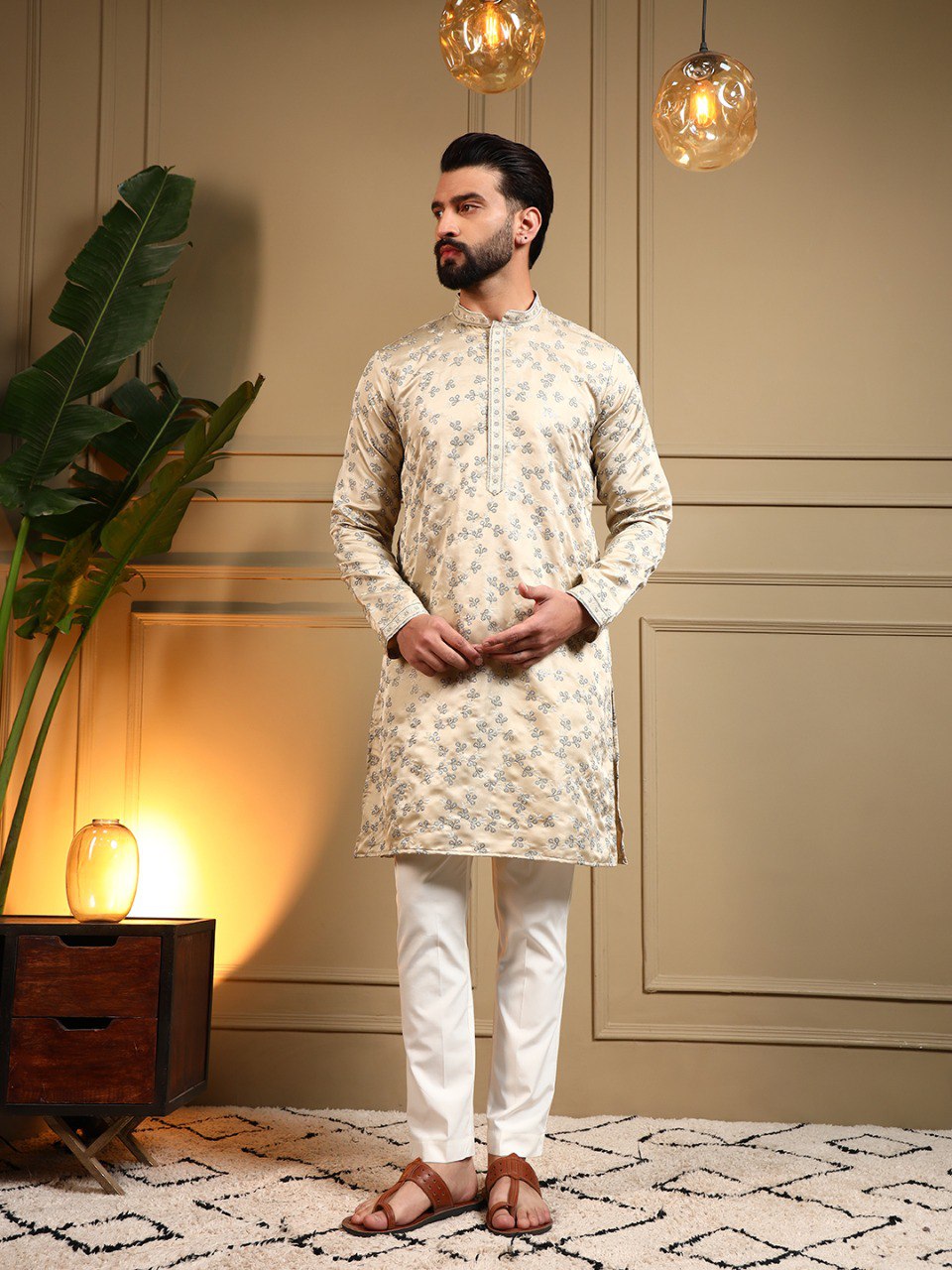 Cream Royal Silk Embroidery Sequence Work Kurta Pajama 