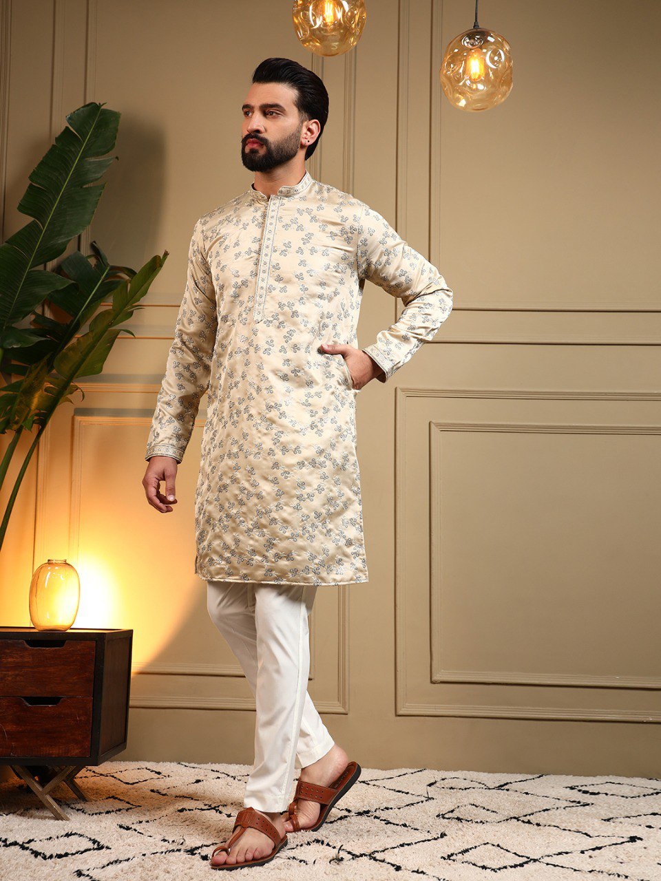 Cream Royal Silk Embroidery Sequence Work Kurta Pajama 