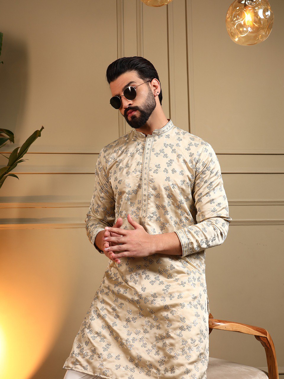Cream Royal Silk Embroidery Sequence Work Kurta Pajama 