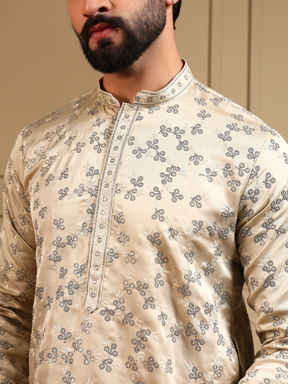 Cream Royal Silk Embroidery Sequence Work Kurta Pajama 